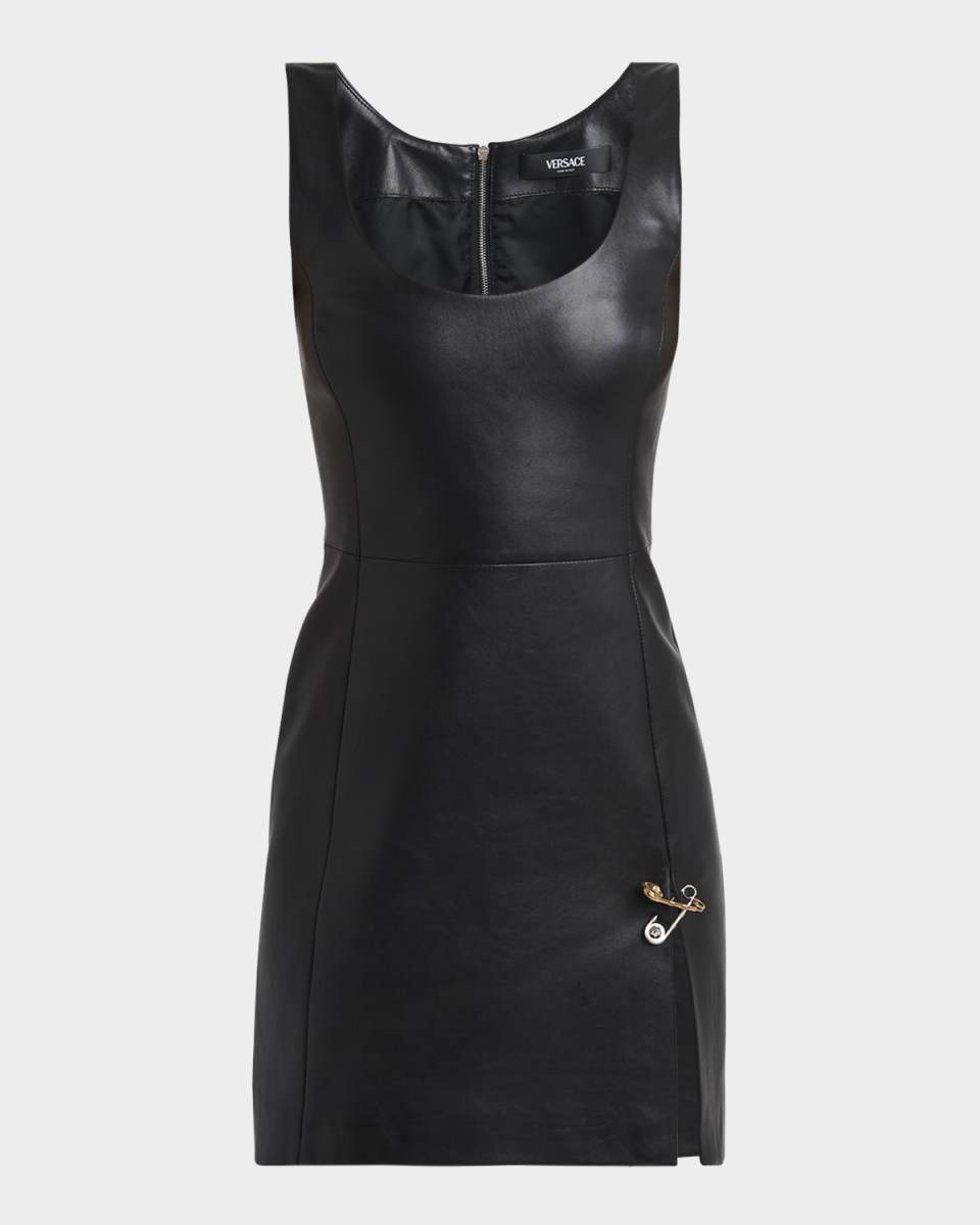 Two-Tone Safety-Pin Slit Leather Mini Dress